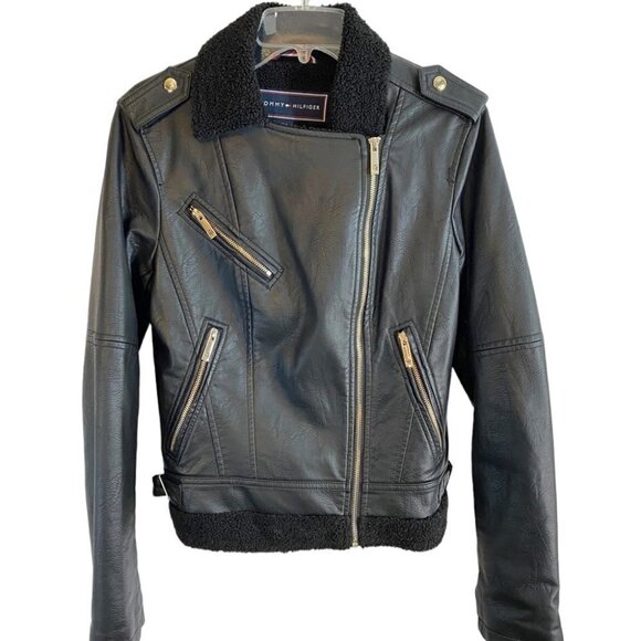 Tommy Hilfiger Faux Leather Jacket  with Sherpa Lining Ladies XS - Picture 1 of 16